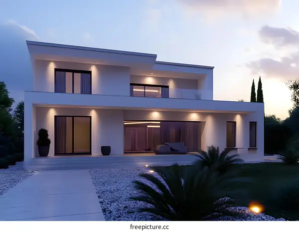 Modern White House with Large Windows and a Walkway
