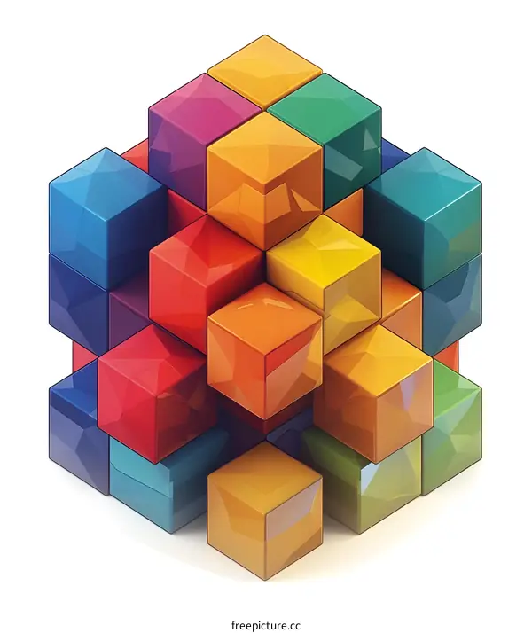 Colorful 3D illustration of interlocking translucent cubes