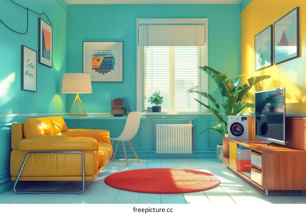 Stylish and Spacious Living Room with Yellow Sofa and Blue Walls