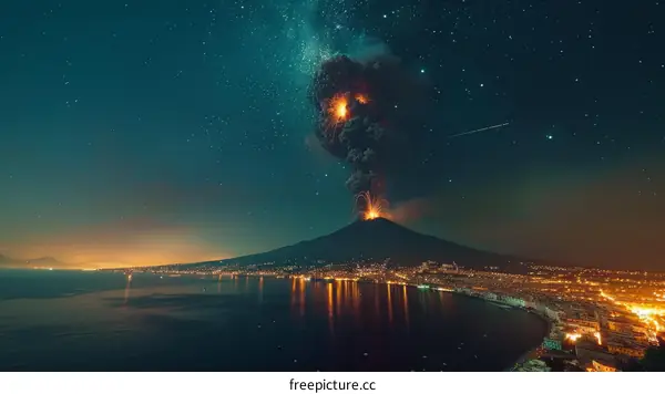 Night sky over an erupting volcano