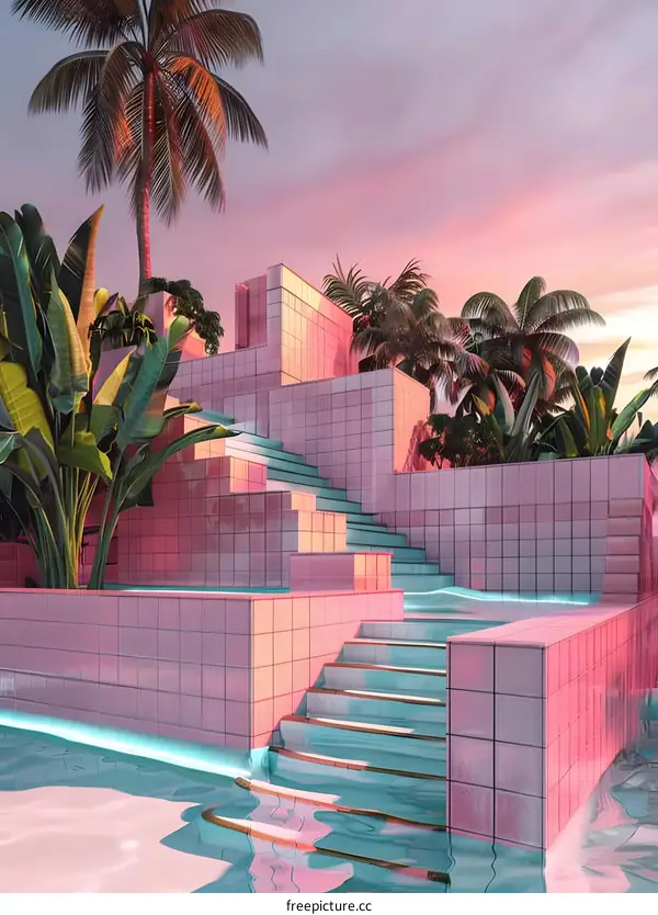 Pink and Blue Poolside Stairs Tropical Paradise