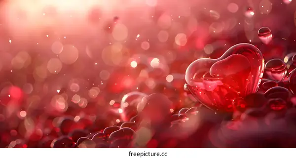 A red glass heart shines against a red background