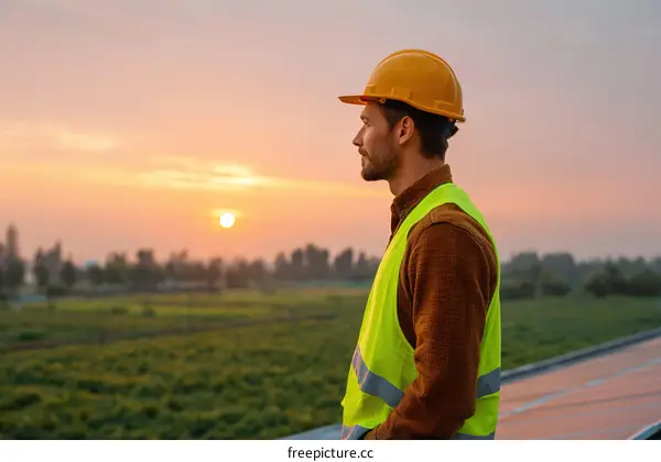 Construction Worker at Sunset Over Agricultural Fields