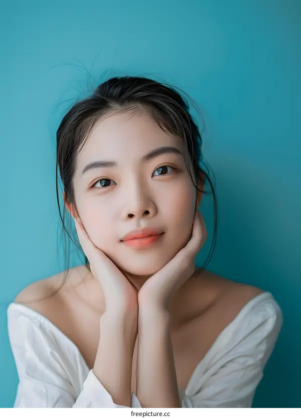 Beautiful Asian Woman with White Shirt Posing against Blue Background