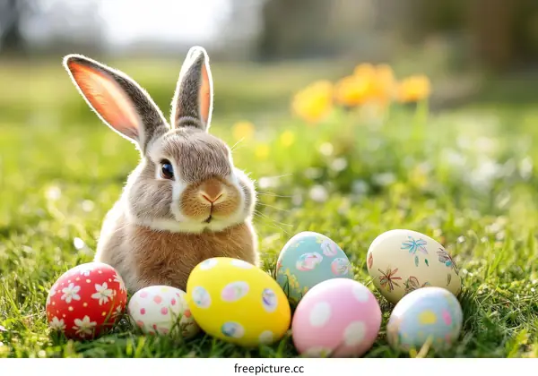 Easter Bunny and Colorful Eggs in a Meadow