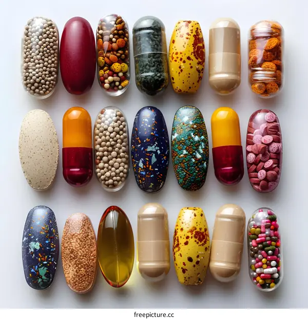 Assortment of colorful pills and capsules