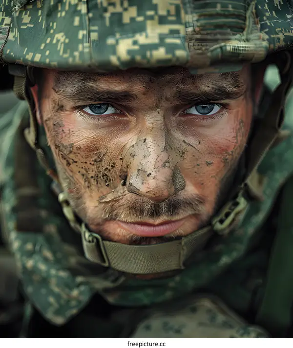 Portrait of a soldier with camouflage on his face