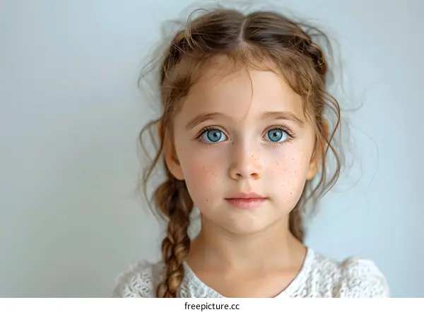 portrait of a cute little girl with freckles and blue eyes
