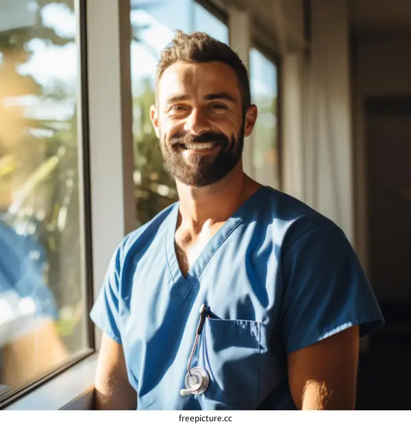 Portrait of a smiling male doctor in blue uniform standing by the window in the hospital