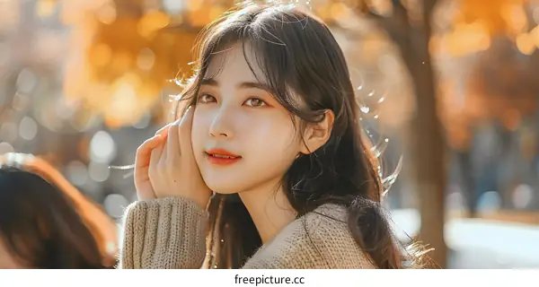 Beautiful Asian Woman with Long Hair in Fall Park