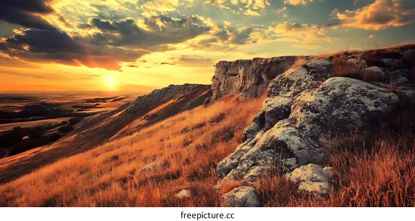 Golden Sunset Over Grassy Hilltop With Rocky Cliffs