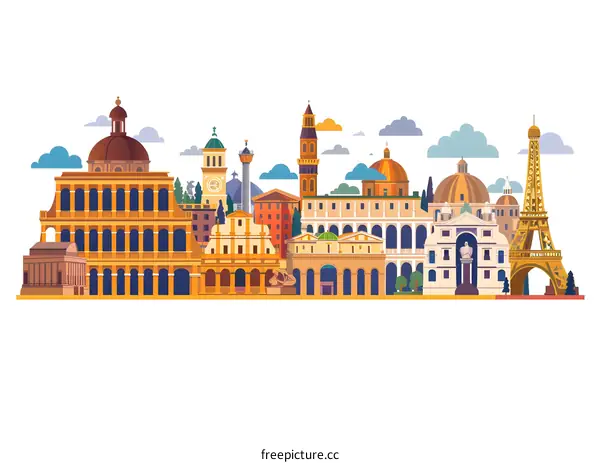 Famous European Landmarks Skyline Illustration