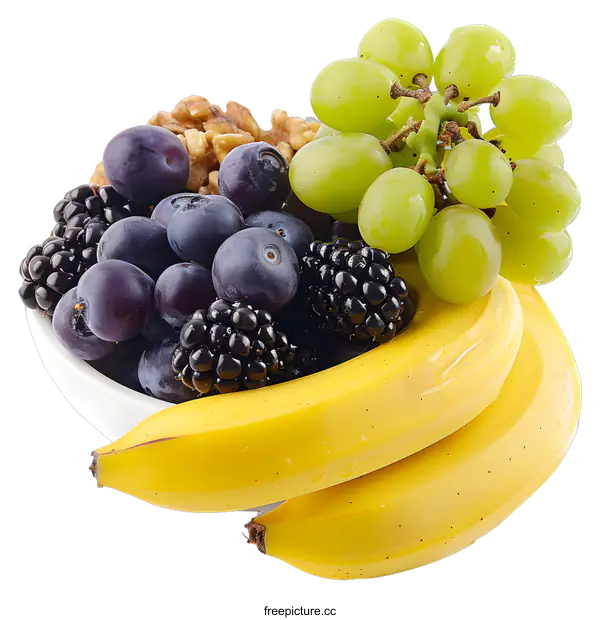 [Transparent Background PNG]Fresh and Healthy Fruit Bowl with Banana Grapes and Berries