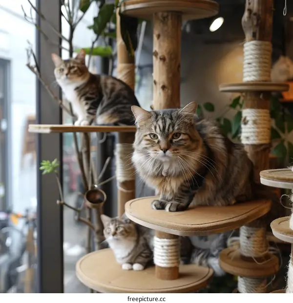 Three cats on a cat tree looking out the window