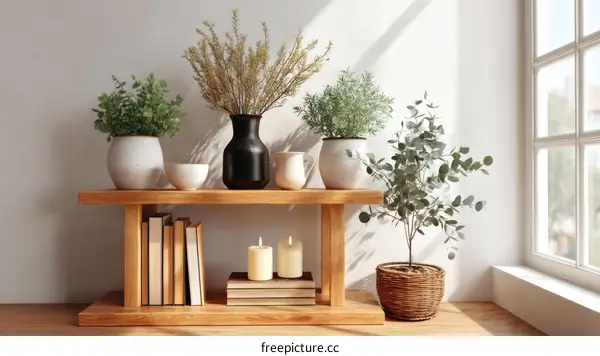 Wooden Shelf Decorated with Plants and Candles