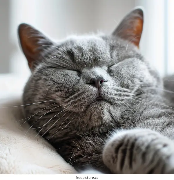 Gray Cat Napping Peacefully on a White Blanket