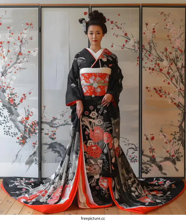 A woman wearing a kimono with a cherry blossom pattern