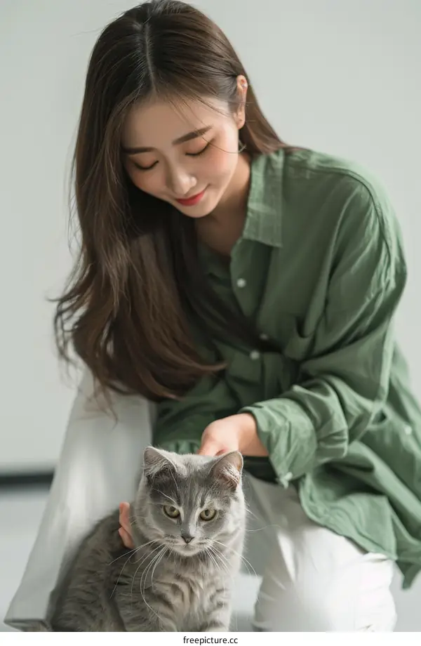 A young woman is petting a gray cat