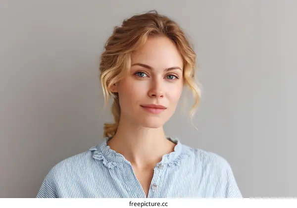 Beautiful Woman with Light Brown Hair and Light Blue Shirt