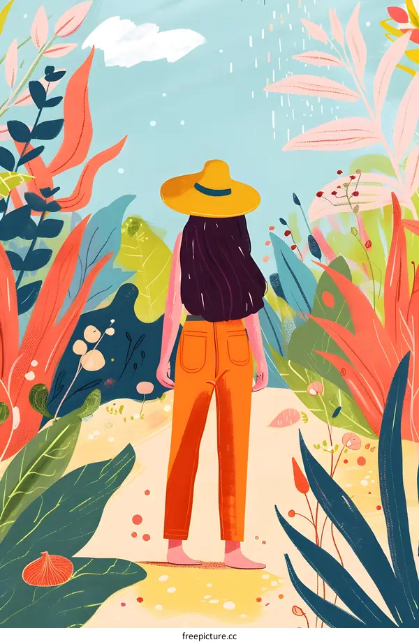 Woman in Hat Standing in a Field of Flowers