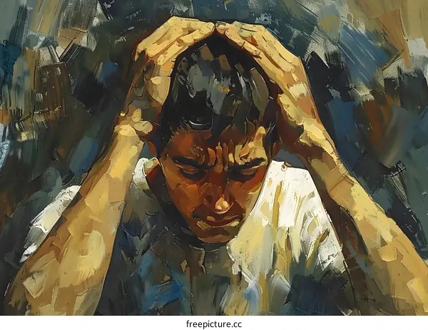 A man holding his head in anguish