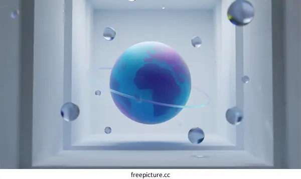 3D Rendered Globe with Floating Spheres in White Box