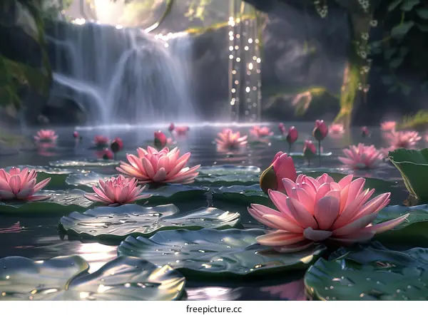 Pink Water Lilies in a Tranquil Pond with Waterfall