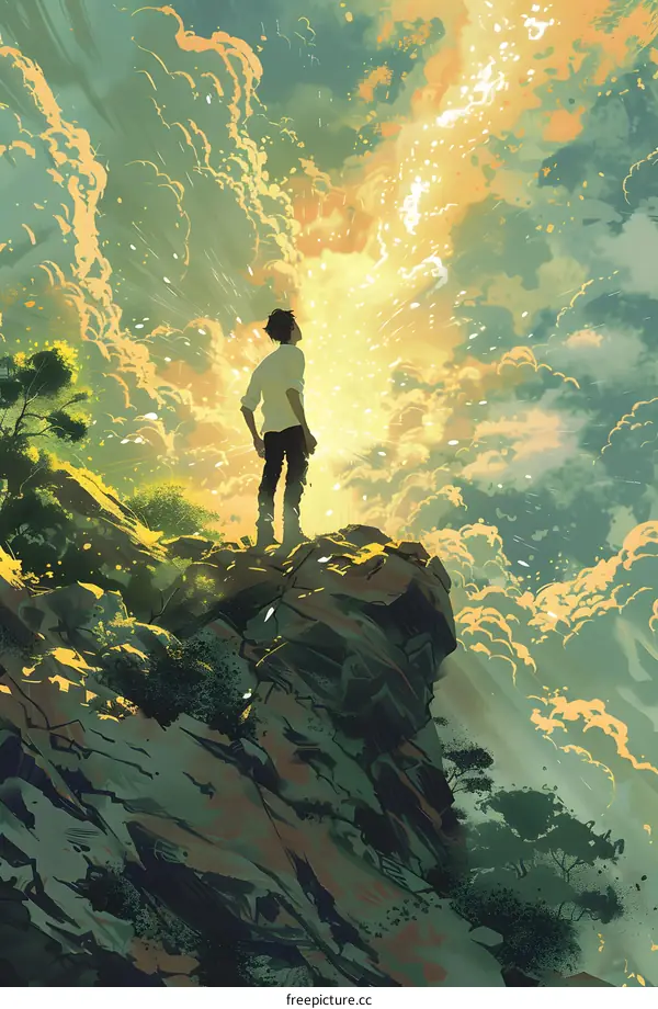 Man Standing on Cliff Looking Up at Sky