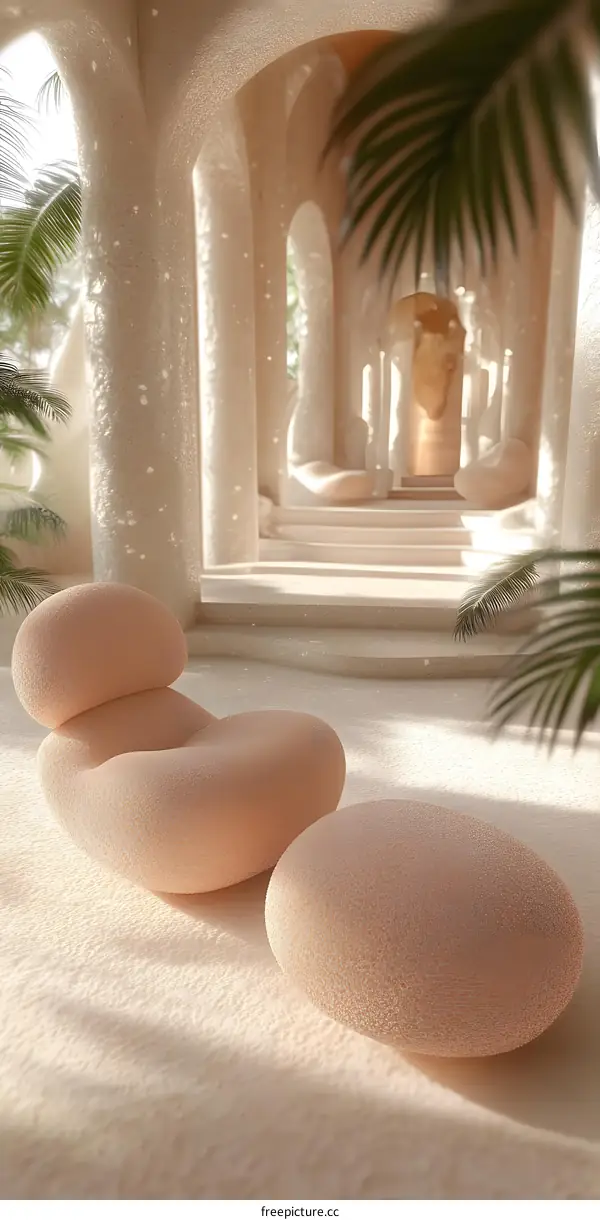 Minimalist Interior Design with Round Shaped Furniture and Palm Leaves