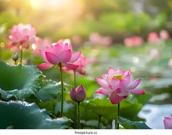 Pink Lotus Flowers Blooming in the Water