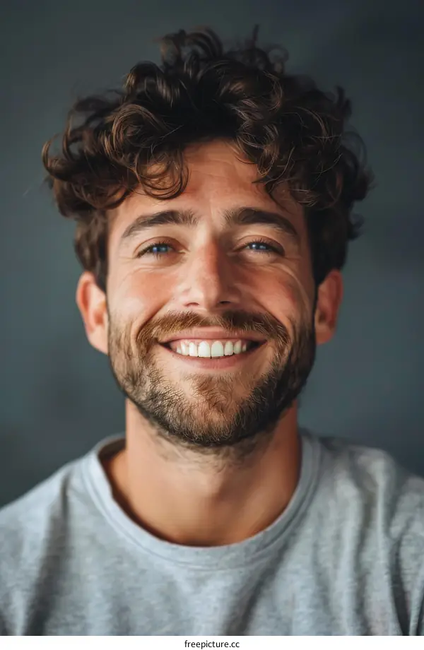 Close Up Portrait of a Smiling Man with Curly Hair