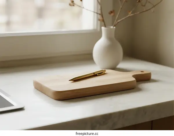 Wooden Cutting Board with Pen and Vase on White Countertop