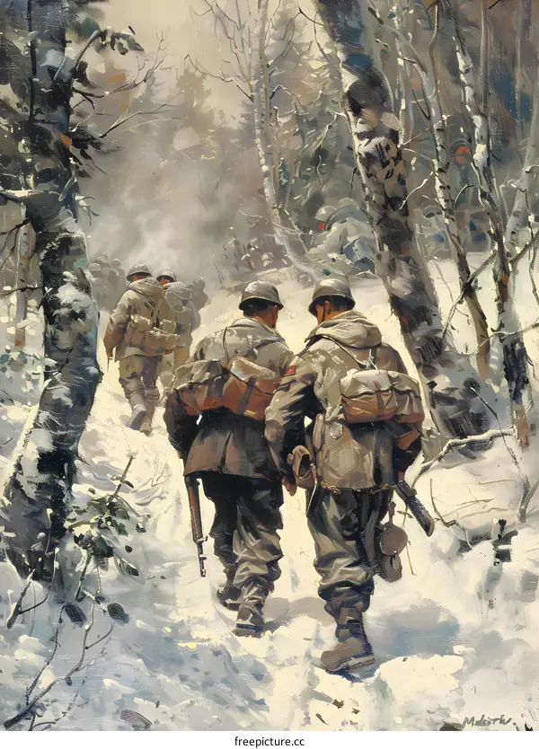American Soldiers in Winter Forest