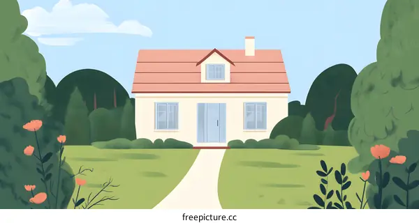 Illustration of a Small White House with a Pink Roof in the Countryside