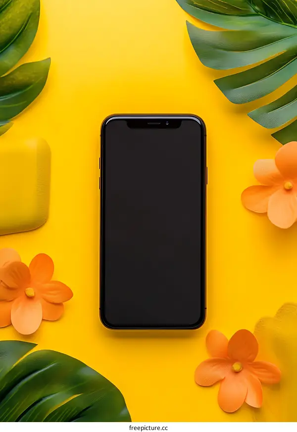 Black Smartphone with Tropical Flowers and Leaves on Yellow Background