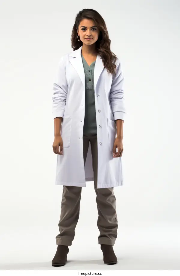A female doctor in a white lab coat
