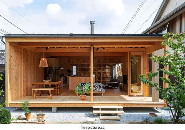 Modern Wooden House with Open Deck and Interior Glimpse