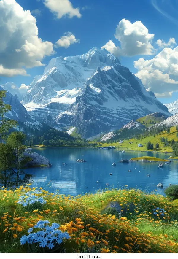 Majestic Snow-Capped Mountain and Serene Crystal Lake