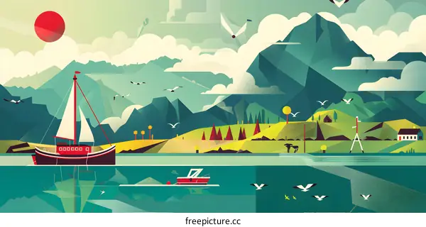 Geometric Mountain Landscape with Sailboat