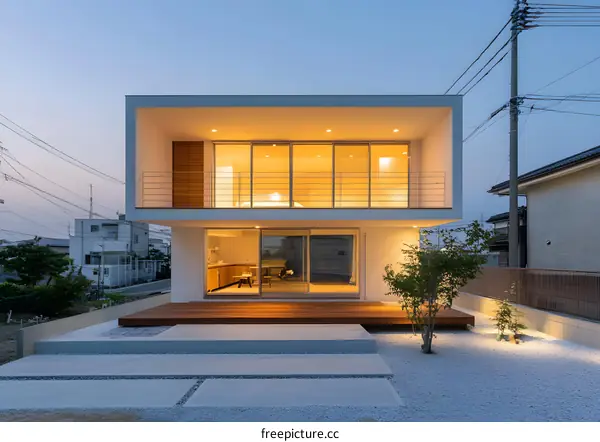 Modern White House with Wooden Deck and Garden at Twilight