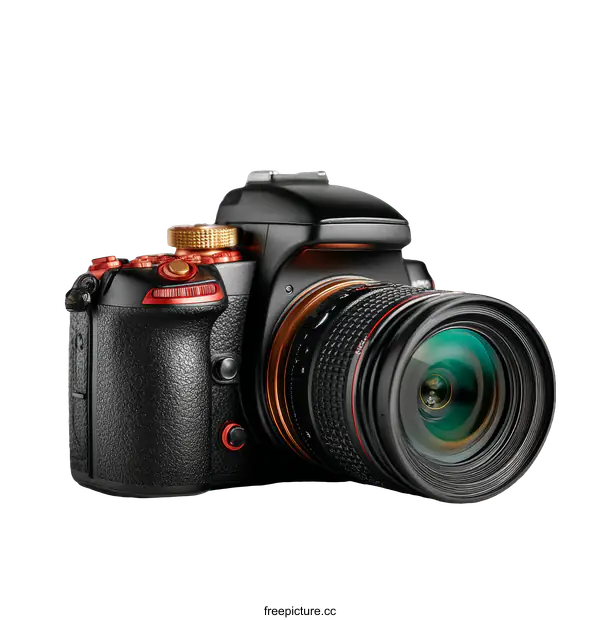 [Transparent Background PNG]Professional Photography Camera with Red and Gold Accents
