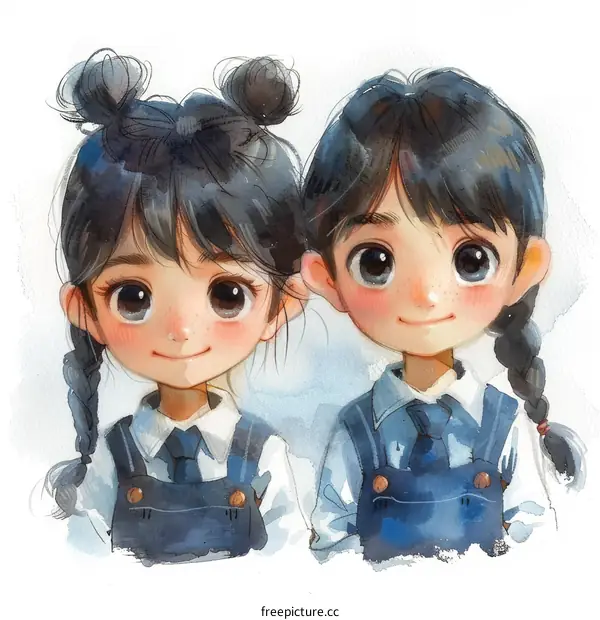 Two Cute Girls Watercolor Illustration