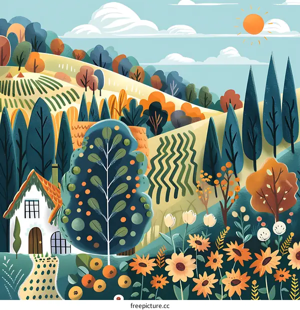 Illustrated Landscape with a Tiny House and a Sunny Sky