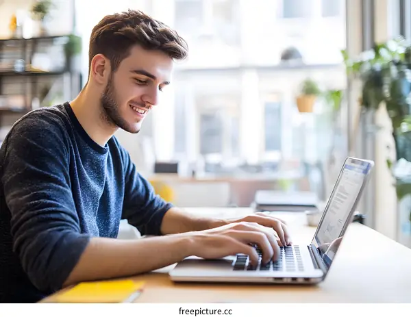 Smiling Young Man Typing on Laptop While Sitting at a Table in a Cafe