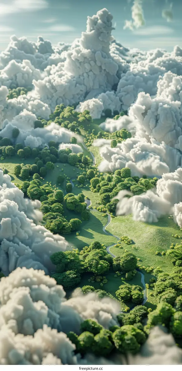 Aerial View of Lush Green Valley Surrounded by Fluffy Clouds