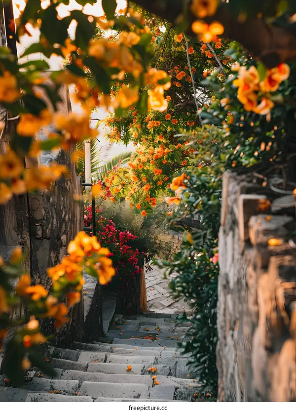 Stone Steps Leading Up Through Blooming Flowers