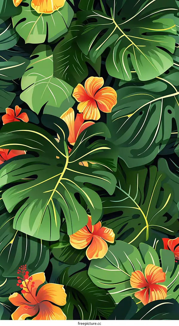 Tropical Leaves and Flowers Seamless Pattern Background