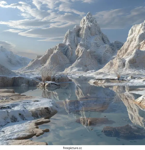 Majestic Winter Landscape with Snow-Capped Mountains and Frozen Lake