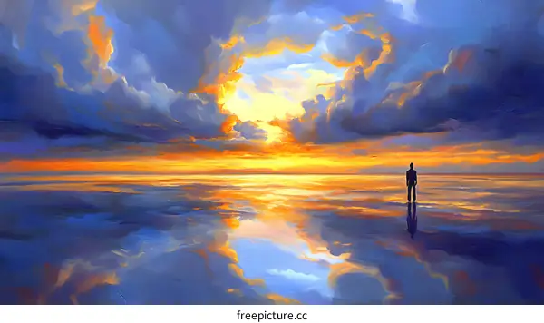 Silhouette of a Man Standing on the Beach at Sunset