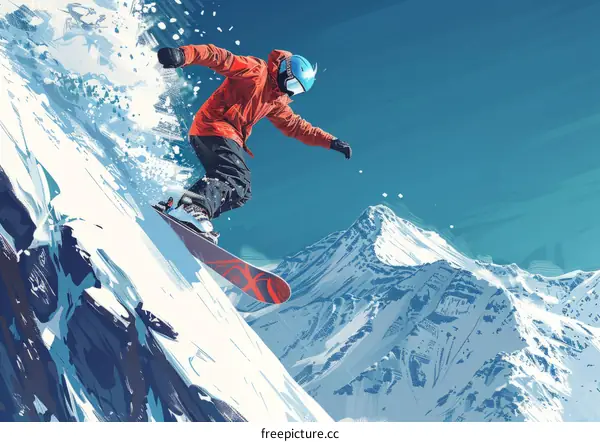 Snowboarder Jumps off Snowy Mountain Peak